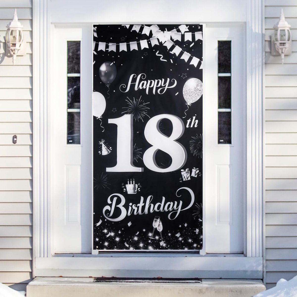 Dailygoods- Verjaardagsbanner 18e verjaardag - Zwart/Zilver - 185 x 90 cm - Scheurvast - Hoge resolutie - Happy Birthday elementen - Feestbanner