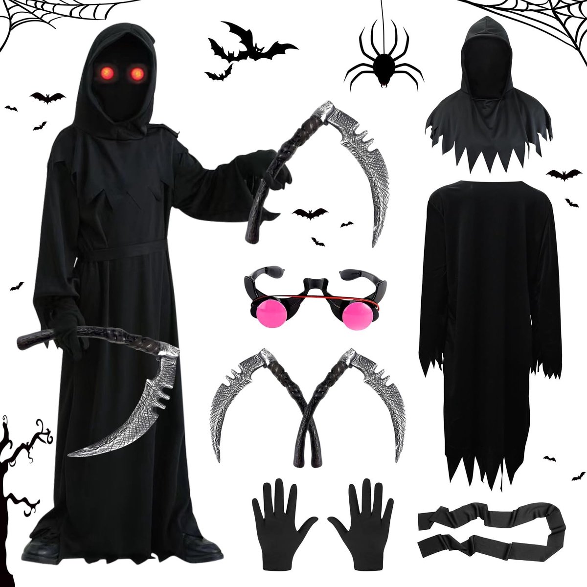 Allecto - Magere Hein kostuum - Halloween-kostuum - Realistisch en stijlvol - 120 cm met masker - Geschikt voor jongens en meisjes - Verkleedfees
