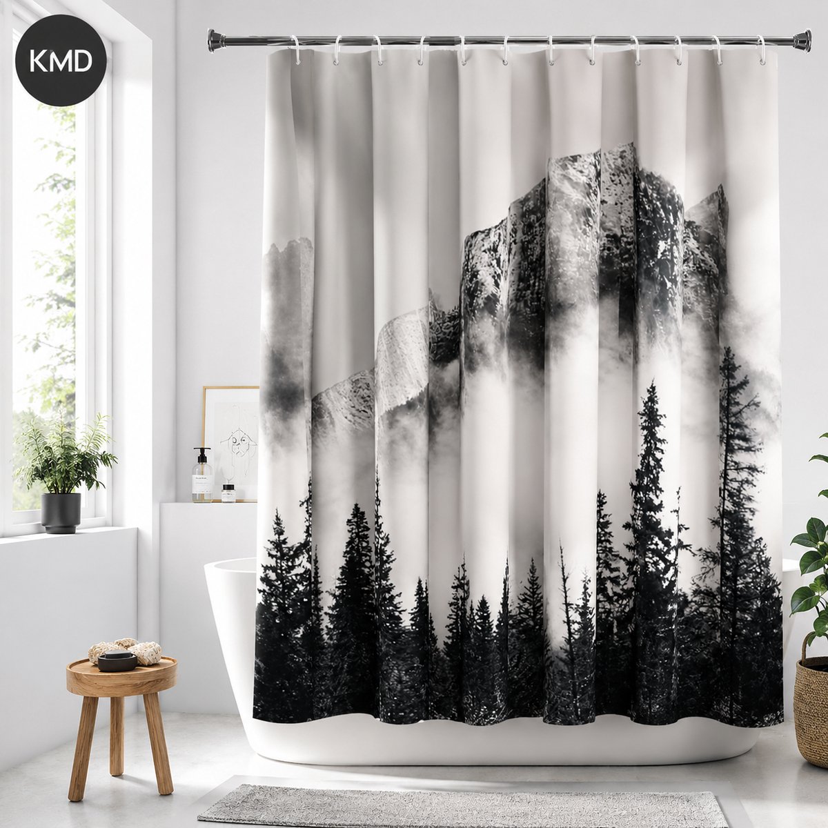 KMD Douchegordijn Textiel 200x220 cm - Natuurlandschap met Wolken, Bos en Bergen - Waterdicht, Wasbaar, met 12 Metalen Ringen - Zwart/Wit