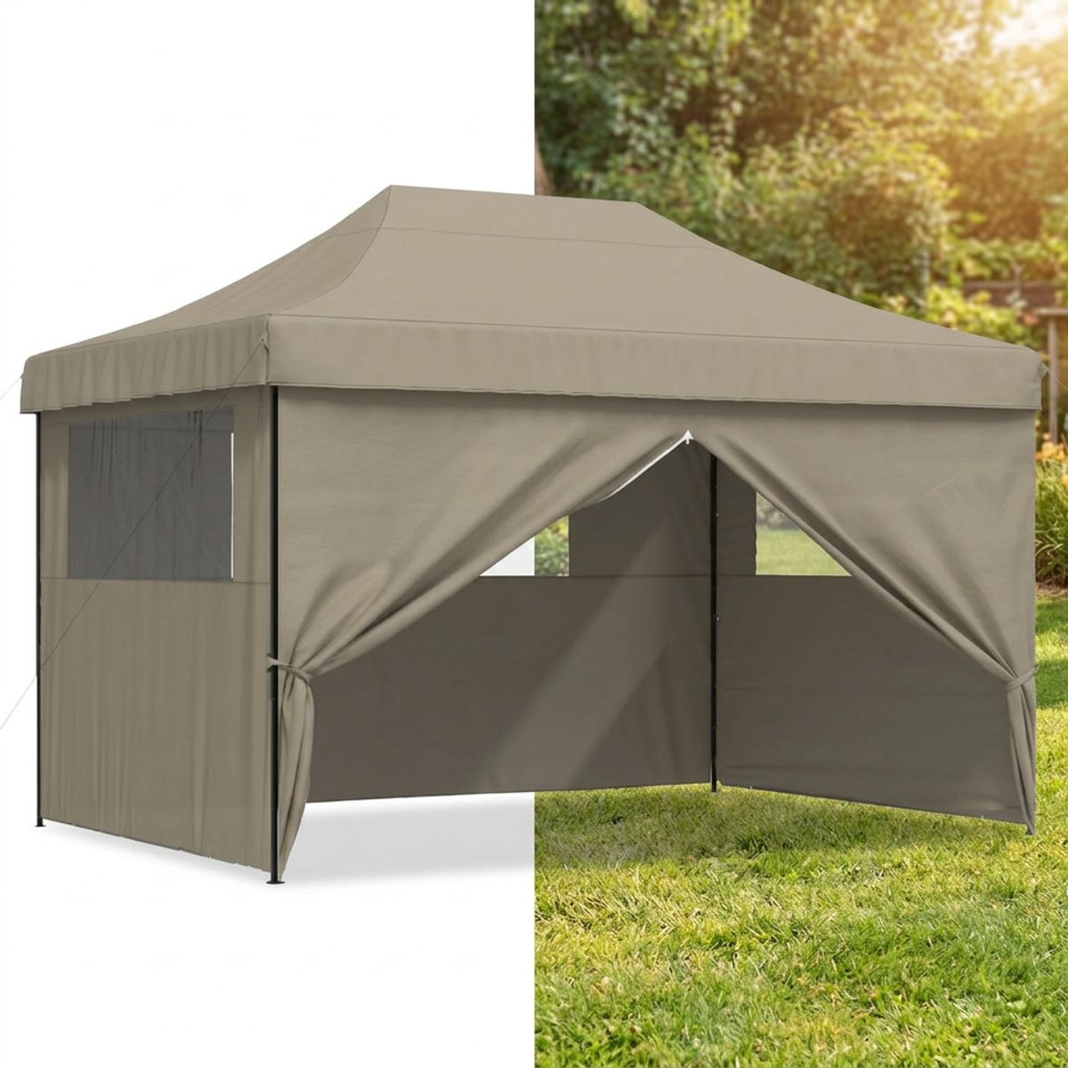 Partytent opvouwbaar - Paviljoen - 3x4 - Easy up - Waterdicht - met Zijwanden - Weerbestendig - Taupe