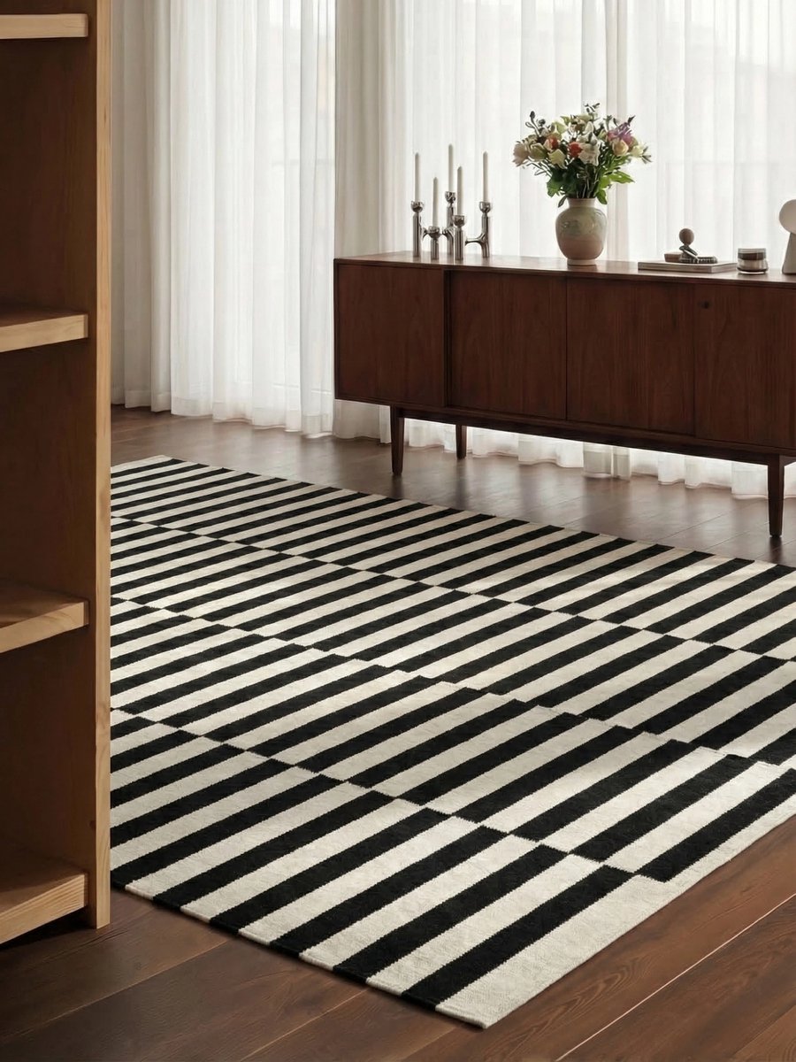 flycarpets Wollen Vloerkleed Vika - Zwart / Wit - Laagpolig Tapijt - 80x200 cm