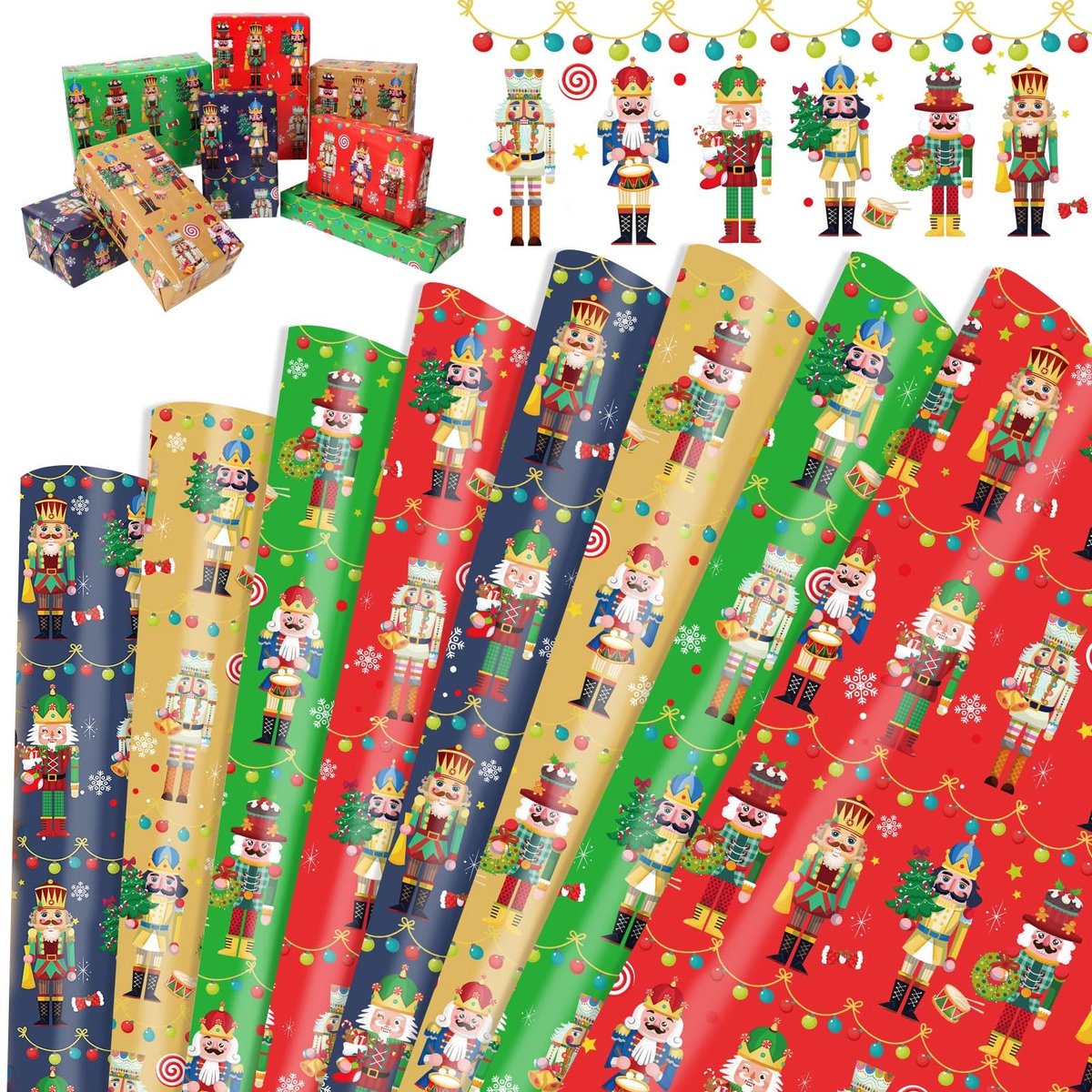 Dailygoods- Cadeaupapier Kerstmis - 8 Vellen Notenkraker - Inpakpapier Kinderen - Kerstdecoratie - Hoogwaardig Papier - 70 x 50 cm