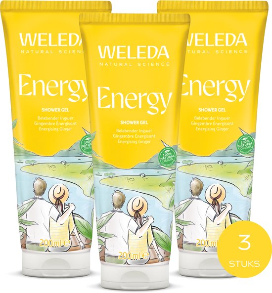 Trois tubes jaunes de gel douche Weleda Energy avec une illustration d'un couple dans une savane.