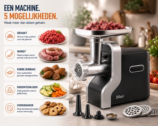 Zilan Vleesmolen 9-in-1 - 2100W Elektrische Gehaktmolen met Reverse - Worstopzetstuk & Kebbe Maker - 3 Maalplaten + Rasp- en Snijset - RVS Messen, Krachtige Motor van Zilan — afbeelding 2