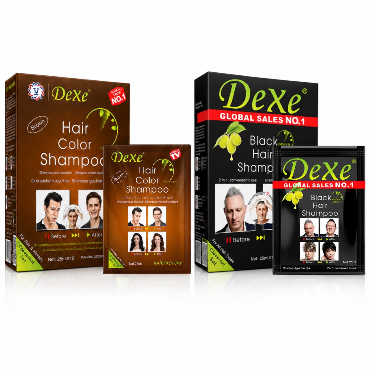 Haarverf Shampoo - 400 ml x 20 ZAKJES - Zwart en Bruin - 5 Minuten Directe Kleurshampoo - Dexe