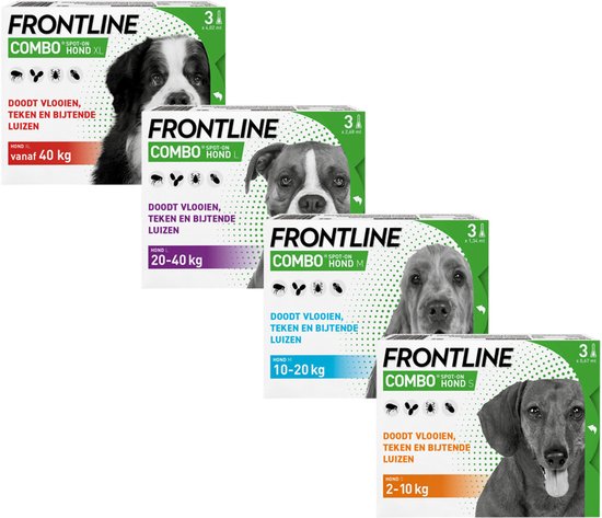 Vier dozen Frontline Combo Honden: XL, L, M, S, met afbeeldingen van honden.