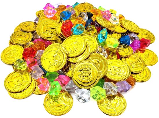 Dailygoods- Piratenschat Set 200 Stuks - Gouden Munten/Piraten Diamanten - Duurzaam Plastic - Lichtgewicht - Voor Speurtocht/Themafeest - Ideaal Geschenk voor Kinderen - Schattenjacht