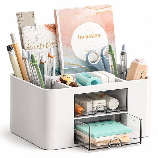 Witte bureau-organizer met pennen, scharen, notitieboekjes en twee transparante lades. Bevat een liniaal, schaar, notitieboekjes en diverse pennen.