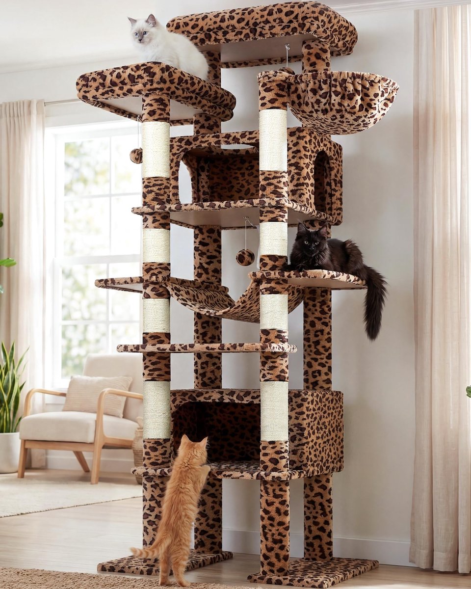 Dailygoods- Kattenboom Luxe - Grote Hoogte 213 cm - 2 Grote Kattenhuizen - Gevoerde Platforms - Zitstang - Stabiele Kattentoren voor Meerdere Katten