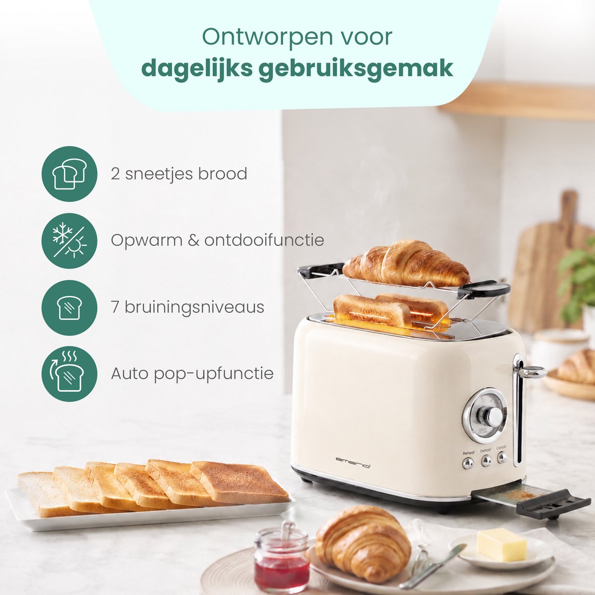 Emerio Retro Broodrooster - 800W Toaster - TO-133281.1 Creme thumbnail 3