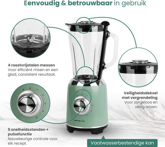 Emerio Retro Blender - 1,75L - Smoothie Maker met Glazen Kan - 5 snelheden - Pulsfunctie - RVS messen - 600W - BL-131620.8 Groen van Emerio — afbeelding 3