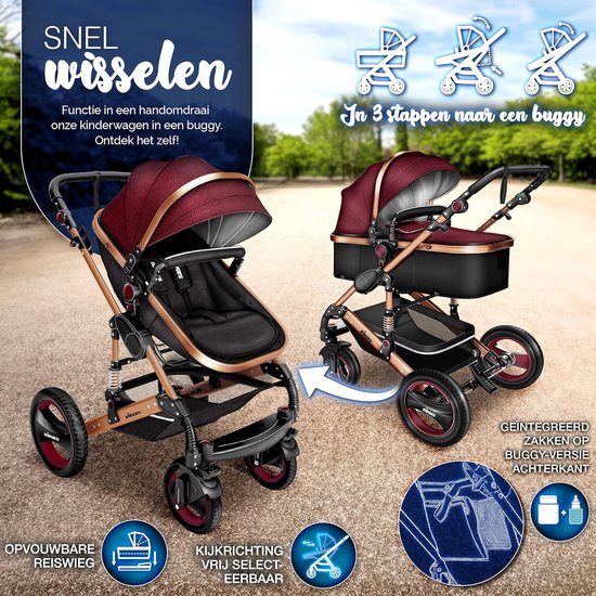 3-in-1 Kinderwagen Complete Set voor Baby's - Combi Wandelwagen met Reiswieg, Buggy en Accessoires inclusief Voetenzak van Merkloos — afbeelding 4