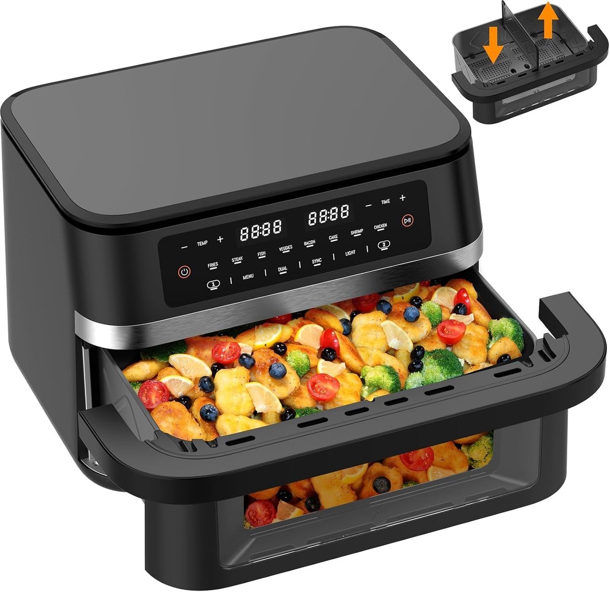 Heteluchtfriteuse Dubbele Zone - XXL Airfryer - Gezond Koken - Verwijderbare Divider - 11 Liter - Zwart