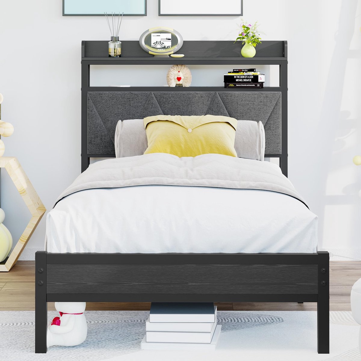 Dailygoods- Bed 90 x 200 cm - Gevoerd Design - Modern Bedframe - Metalen Bed - Opbergruimte - Ademend en Slijtvast