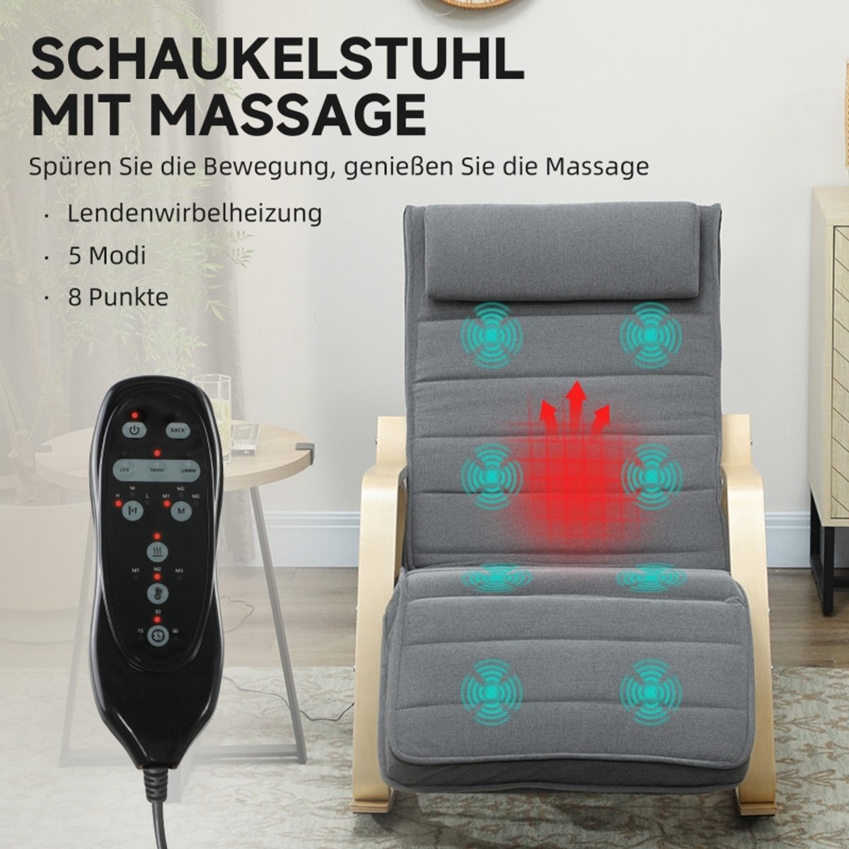 Schommelstoel - Relaxfauteuil Met Massage En Lendenverwarming - Verstelbare Voetensteun - Voor Woonkamer En Leeshoek - Stof Grijs – foto 4
