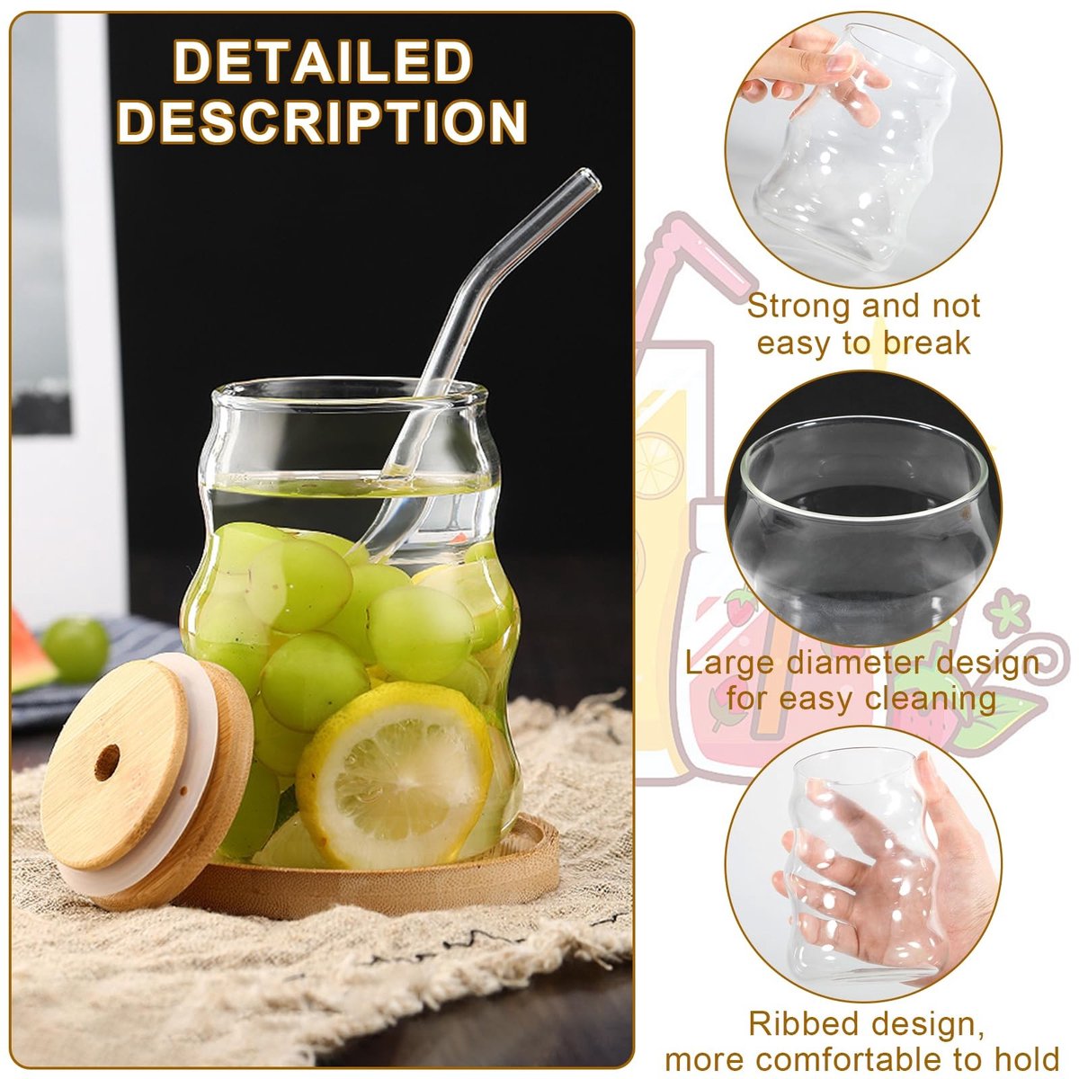 Dailygoods - Set van 2 IJskoffiebekers met Bamboe Deksel en Glazen Rietjes — cadeau in Koken & Dineren - foto 6
