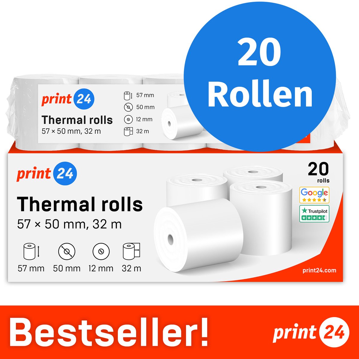 print24 thermorollen / kassarollen, 20 rollen, 57 mm x 50 mm x 32 mm, 18 m, PEFC, voor EPSON, IBM en vele andere merken.
