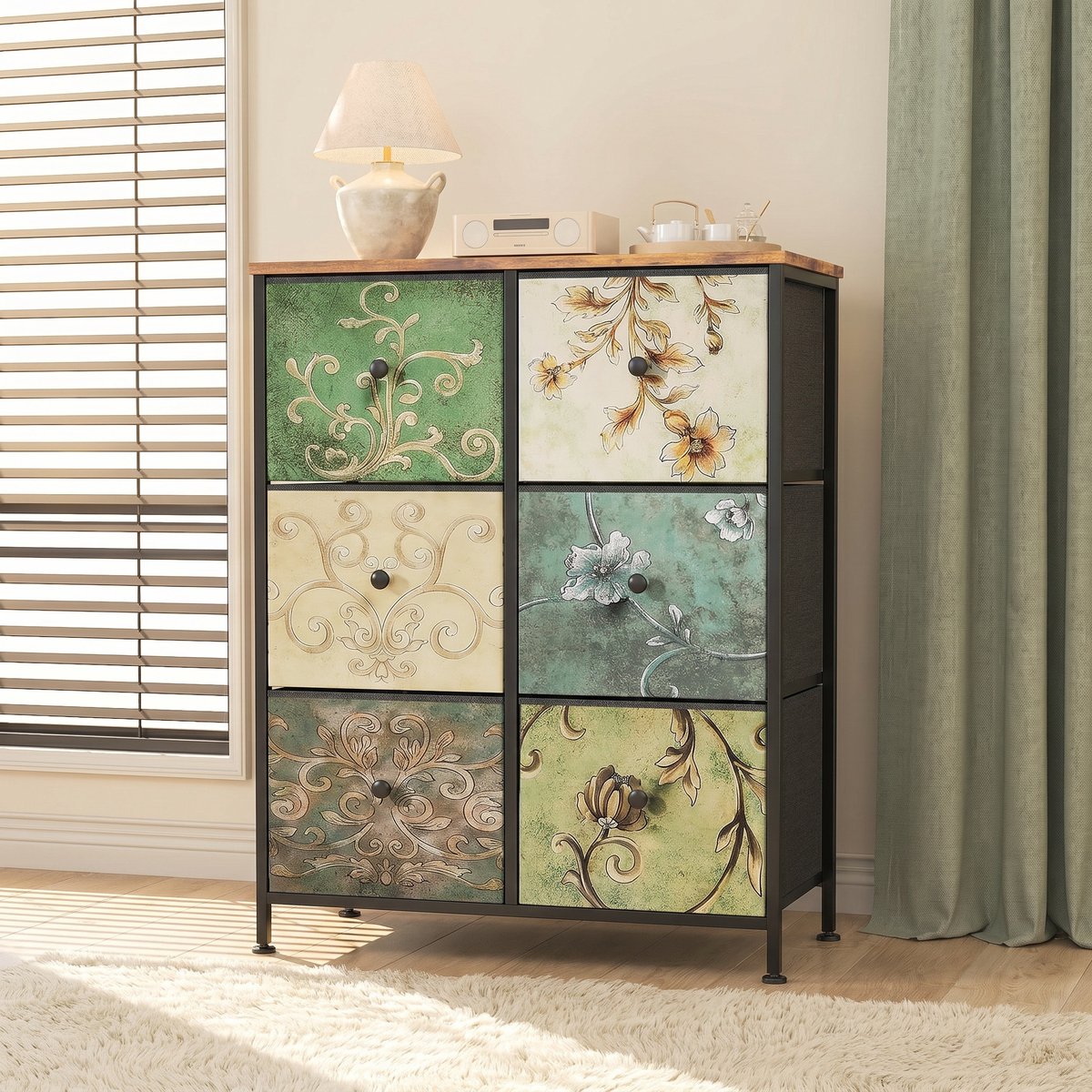 Commode met 6 Lades voor de Slaapkamer, Dressoir, Kast in Industriële Stijl, Houten Blad, Metalen Frame, Stoffen Lades, voor Woonkamer, Kinderkamer, Hal, Rustiek