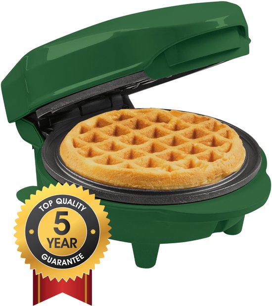 Donkergroen wafelijzer met een goudkleurige 'Top Quality 5 Year Guarantee' badge.