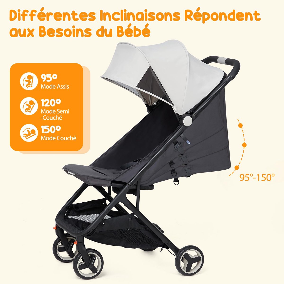 Tri-Fold Kinderwagen T20 - Compacte Opvouwbare Buggy 7,9kg met Ligfunctie - Lichtgewicht Baby Wagen voor Vliegtuig Handbagage - 0-4 Jaar tot 22kg - Grijs – foto 3