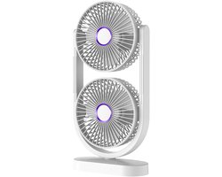 VHV - Ventilator - Tafelventilator - Dubbele Ventilator met Luchtcirculatie - Draagbare Desktop Fan met 360° Rotatie - Krachtige Oplaadbare Bureauventilator voor Kantoor en Huis - Wit