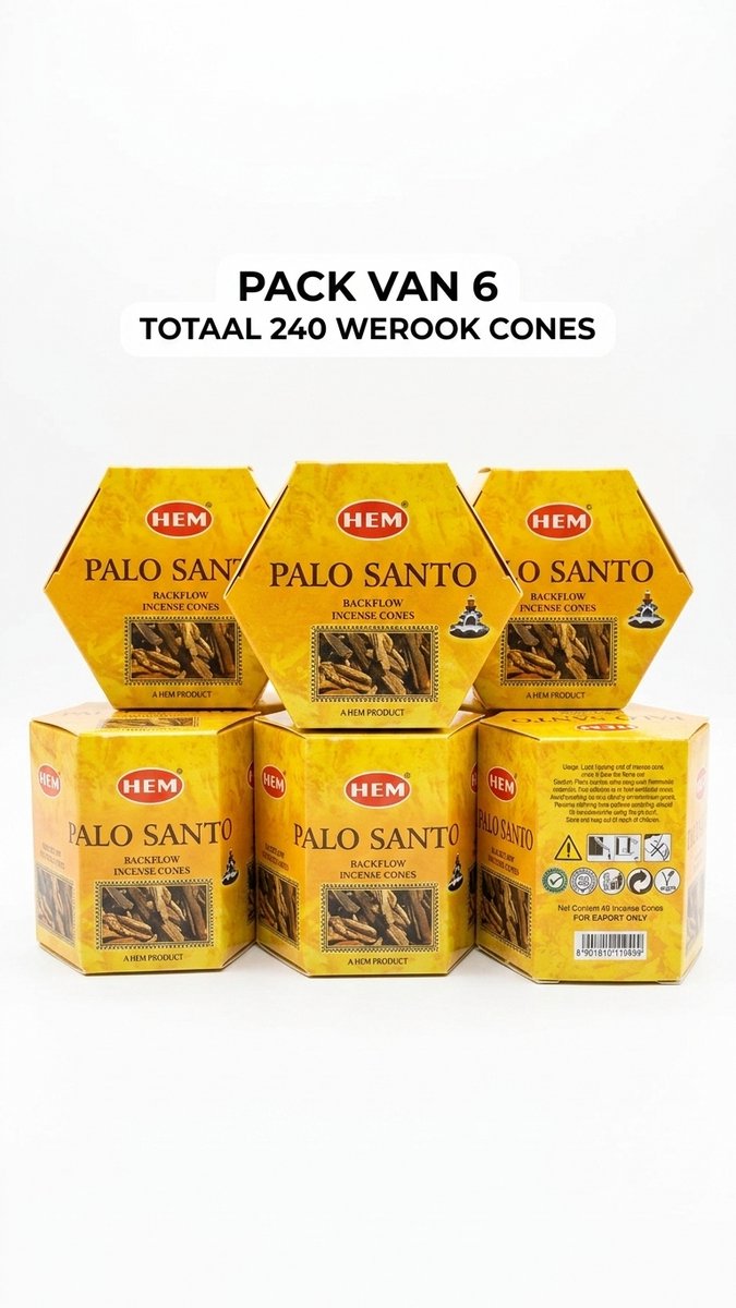 6 X HEM Palo Santo Backflow Wierookkegels - 40 Stuks - Authentieke Geur - Premium Voor Waterval Wierookhouder - Vegan, Natuurlijke Wierook voor Ontspanning en Meditatie Met Kajal Sticker