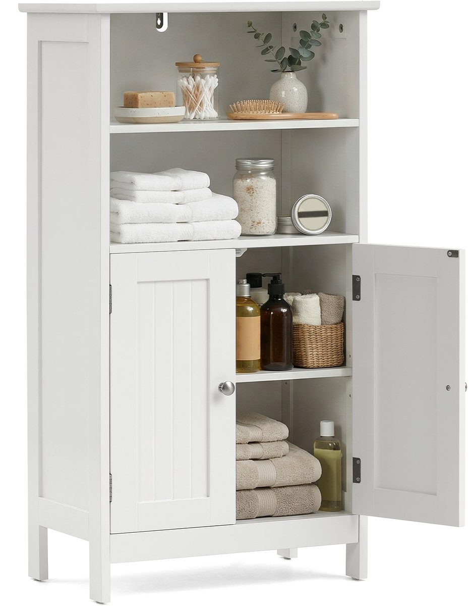HOKEEPER opbergkast - badkamerkast met 2 deuren en open vakken - vrijstaande kast met verstelbare plank - dressoir voor badkamer, woonkamer, hal of keuken - wit - 50 x 30 x 93 cm
