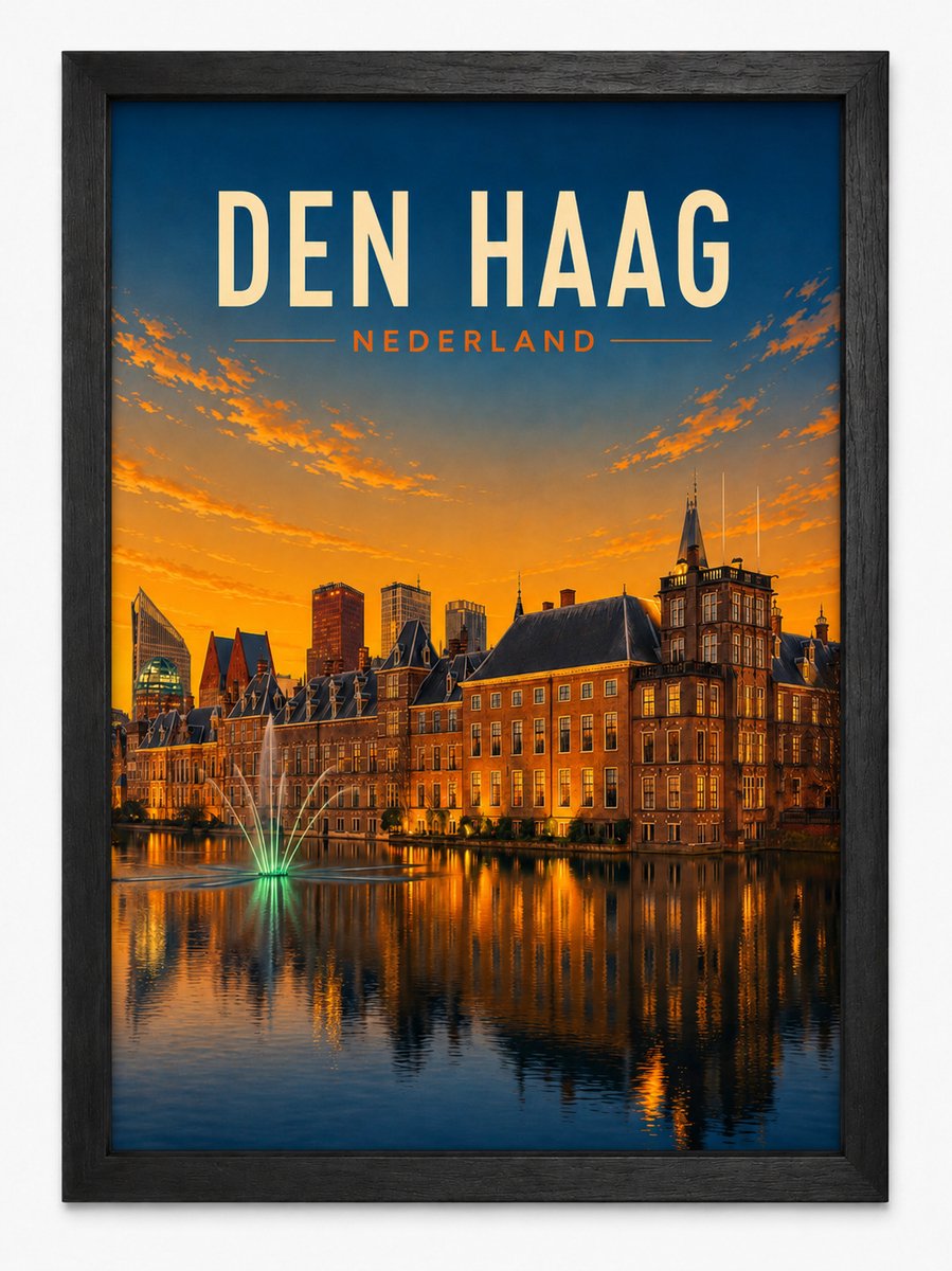 Den Haag Poster | Retro Stadsillustratie Binnenhof | Inclusief Zwarte A4 Lijst