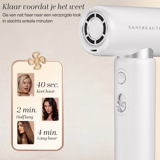 Sansbeauté® Föhn met Diffuser - EssentiaPRO Mini - Reisföhn met Opzetstukken - Reishaardroger - 110.000RPM - Sèche Cheveux - Ionische Haardroger met Borstel - Haarföhn met Defuser - Blow Dryer - Kappersfohn - 1300W - 220-240V