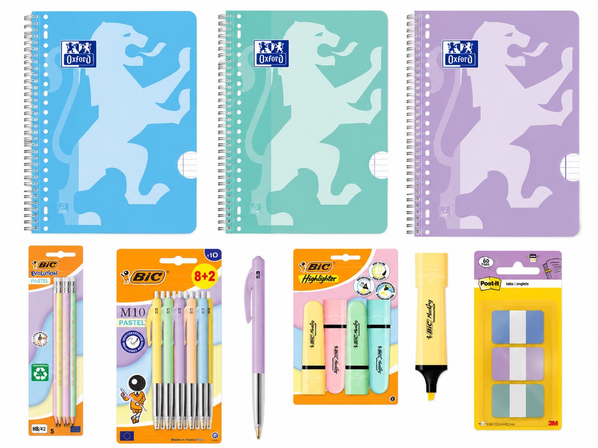 Back to School - Schoolset - Collegeblokken A4+, BIC Pennen, Markeerstiften, Post-it Indextabs & BIC Potlood - Pastel Mix