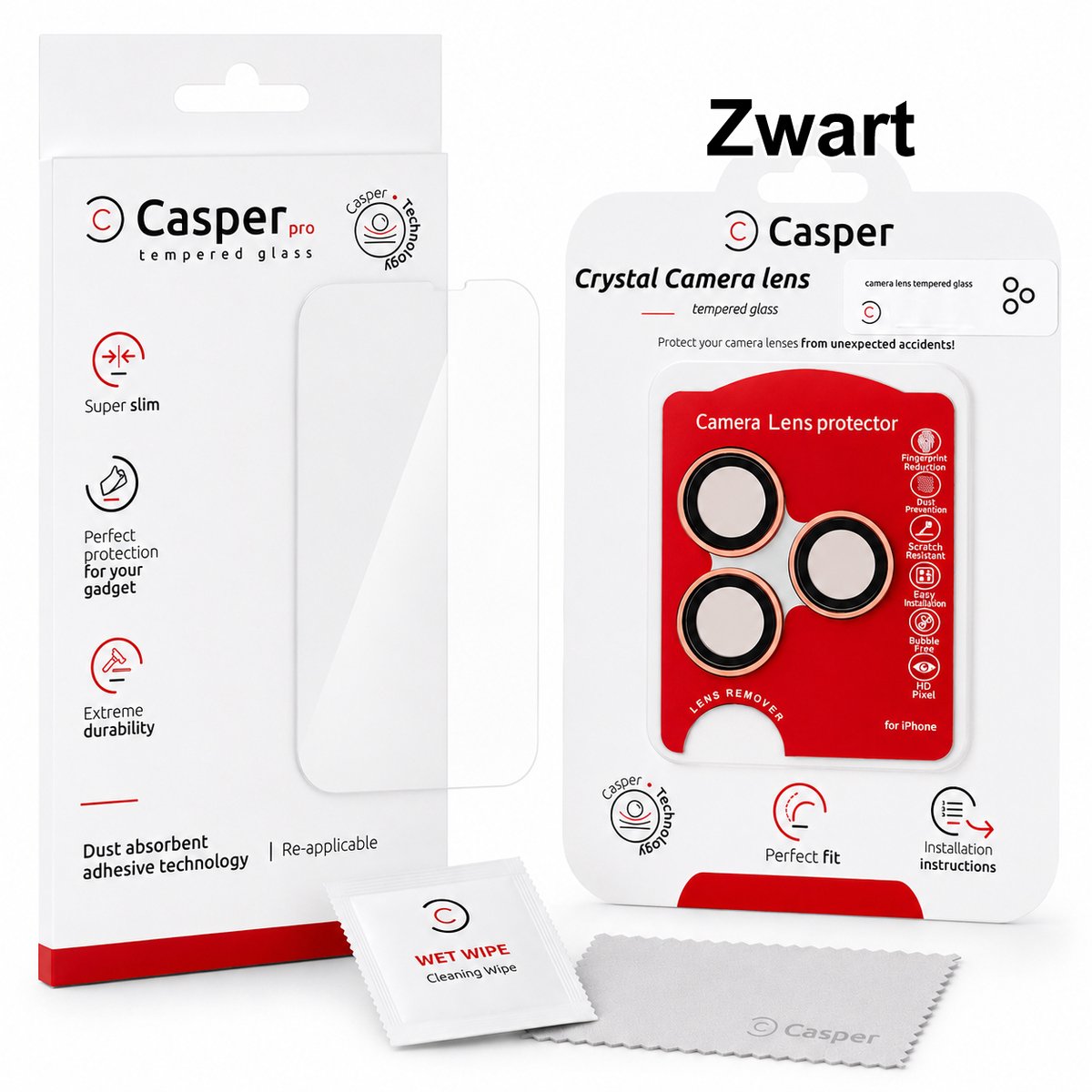 Casper Pro Beschermingsset voor iPhone 14 Plus – Gehard Glas Screen Protector + Camera Lens Protector (Zwart)