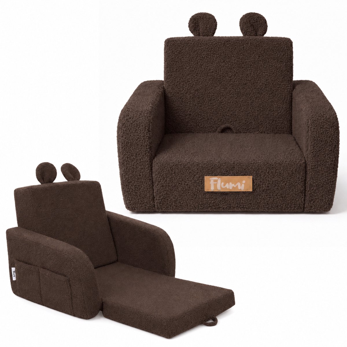 Flumi - 2 in 1 Uitschuifbare Kinderfauteuil - Schuimconstructie - Afneembare Wasbare Hoes - Teddy Stof - Met Zijvakken - Bruin