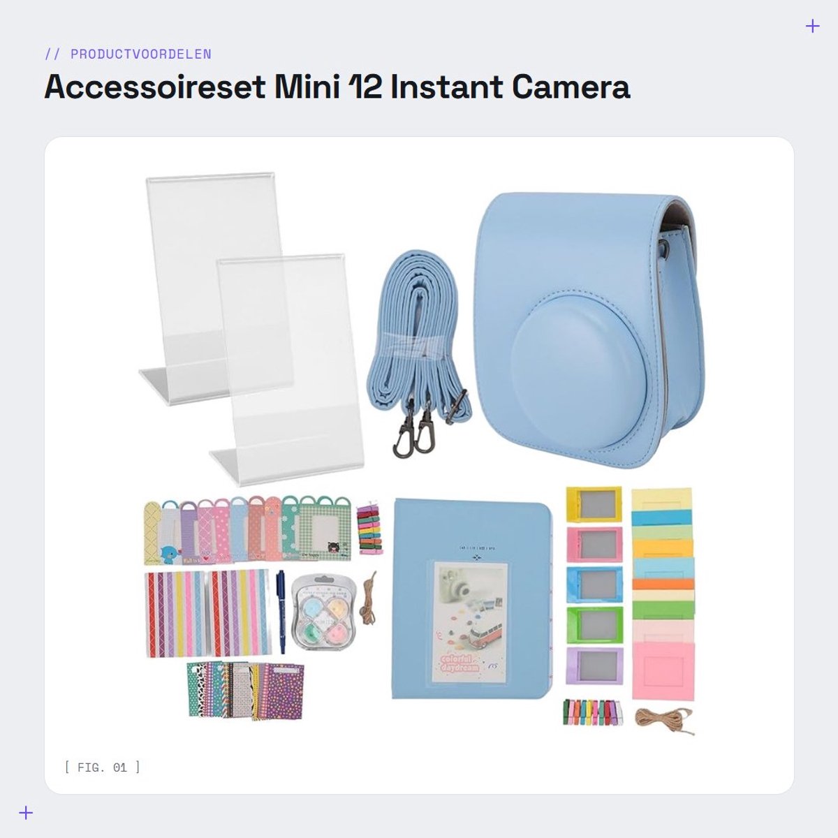 Dailygoods- Accessoireset voor Mini 12 Instant Camera - PU-leren Tas - Album 64+1 Foto's - Filters in 4 Kleuren - Schouderband 115 cm - Inclusief Stickers - Instantcamera