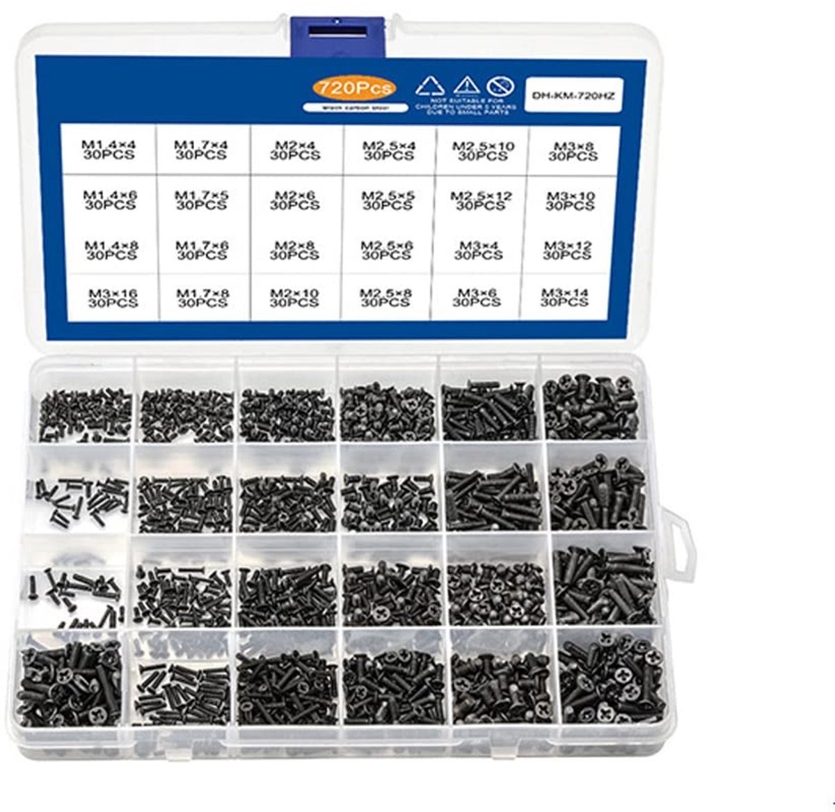 Dailygoods- Plaatschroeven 720 Stuks - Zelftappende Schroeven - Platkopschroeven - Koolstofstaal - Voor 3D-Printers/Notebooks - M1.4/M1.7/M2/M2.5/M3