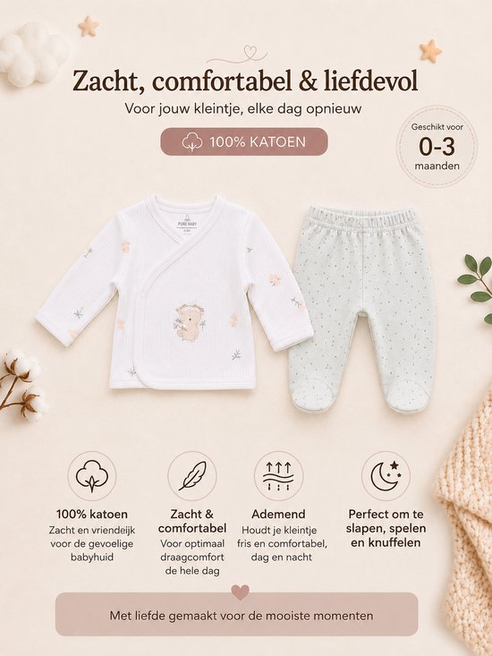 Blijeitje - Luxe 5-delige babycadeauset - Kraamcadeau Meisje met Mutsje, Shirtje, Broekje, Krabwantjes & Slab - Neutraal Koala Mint Design — afbeelding 4