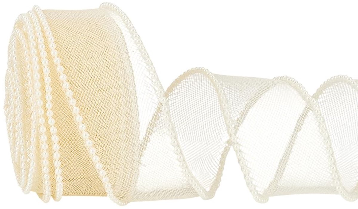 Dailygoods- Kunstparelband 5,4 m x 49 mm - Organza Net - Draadkralenrand - Decoratieband - Bruiloft/Verpakking - Elegant Pareldesign