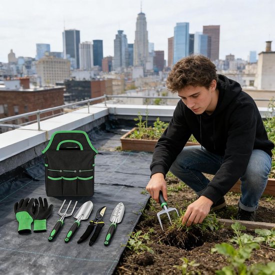 Tuingereedschapset, 8-delige zware tuingereedschapset, inclusief snoeischaar, handschoenen, hark, schep, enz., ergonomisch handgereedschap geschikt voor planten, snoeien en verplanten. van Merkloos	 — afbeelding 4