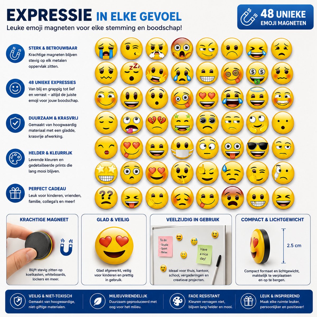 54 stuks emoji koelkastmagneten, 3 cm, grappige decoratieve magneten voor keuken, magneetbord, whiteboard en prikbord