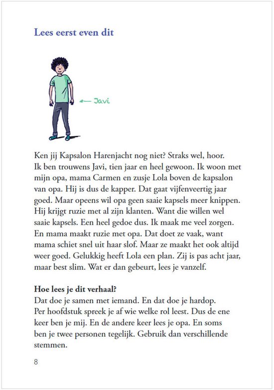 Boekpagina met illustratie van jongen Javi en tekst over het toneellezen.