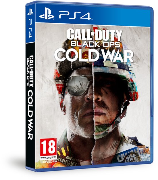 PlayStation 4-doos van Call of Duty: Black Ops Cold War, met een gezicht half bedekt door een helm.