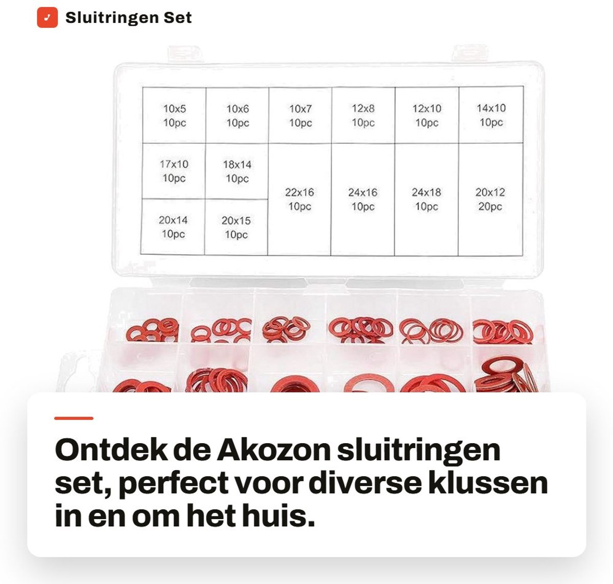 Dailygoods- Sluitringen 150 Stuks - Rood Staalpapier - Platte Sluitringen - Assortiment 14 Maten - Set met Opbergdoos - Gewicht 113 gr. - Afdichtringen