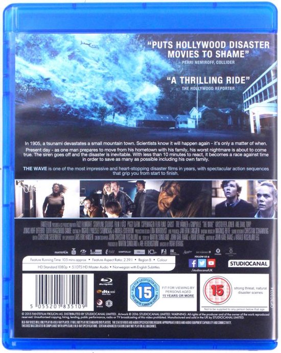 Achterkant van de Blu-ray hoes van 'The Wave', met recensies, filminhoud en de cast.