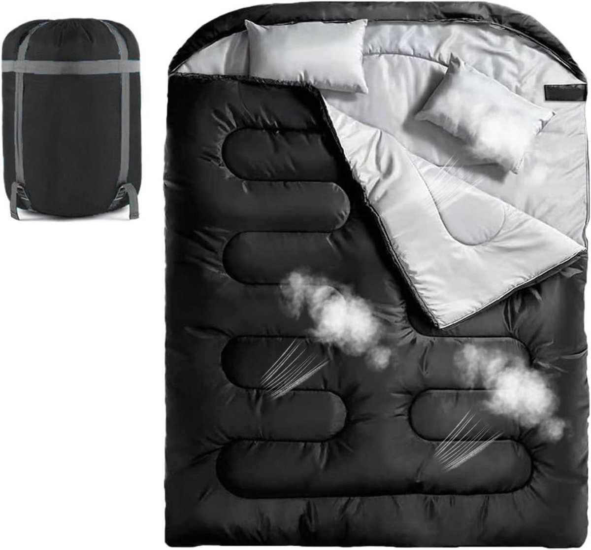 Slaapzak voor 2 - Dubbele slaapzak - Kamperen en reizen - Versterkte warmte-isolatie - 150 x 220 cm - Zwart