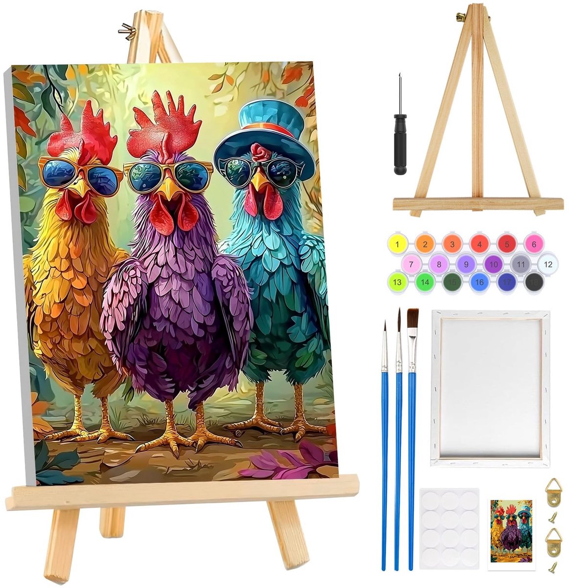 Dailygoods- Schilderen op Nummer - Kippenverf voor Volwassenen - Verf op Nummerset met Frame - Doe-het-zelf Schilderkit - Wanddecoratie - Canvas 20 x 30 cm - Verfset