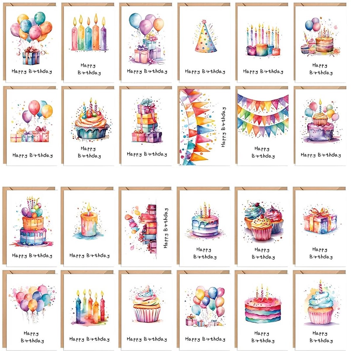 Dailygoods- Verjaardagskaarten set van 24 - Verjaardagskaarten met envelop - Grappige verjaardagskaarten - Aquarelpatronen - Ansichtkaarten voor verjaardag - Hoogwaardig papier - Wenskaarten