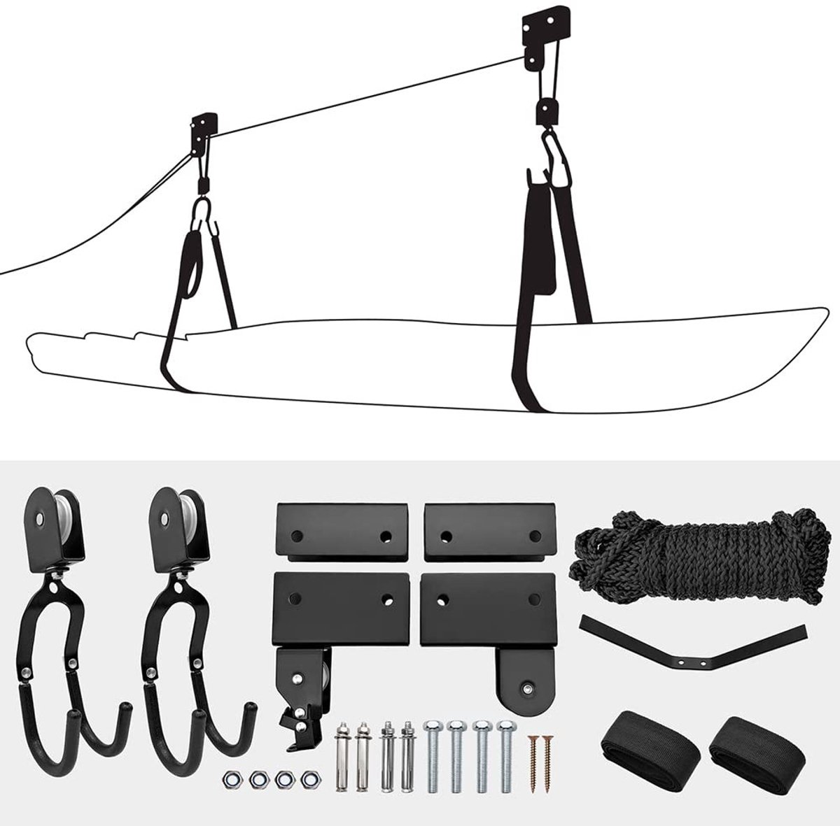 Dailygoods- Plafond Katrol Systeem 25-54KG Draagvermogen - Kajak Hanger - Kano Opslag - Garage Opbergsysteem - Robuuste Katrol - Sterke Nylon Stroppen