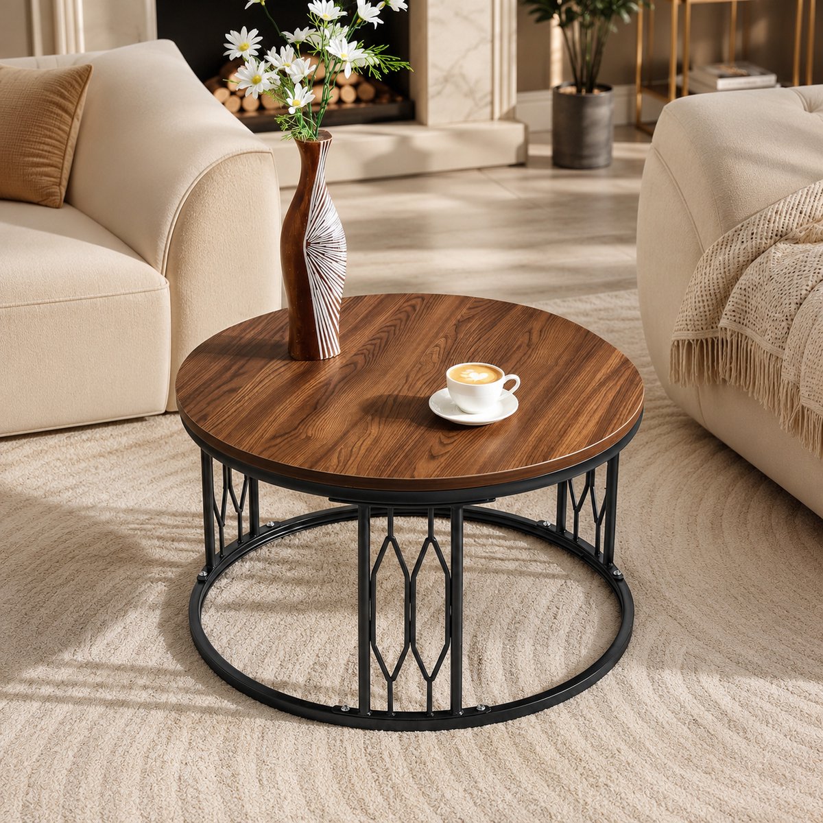 Welltin Salontafel - Bijzettafels -Tafel - Rond - 70x70x40 cm - Metalen frame - Moderne Bijzettafels - Moderne salontafel - Walnootkleurig