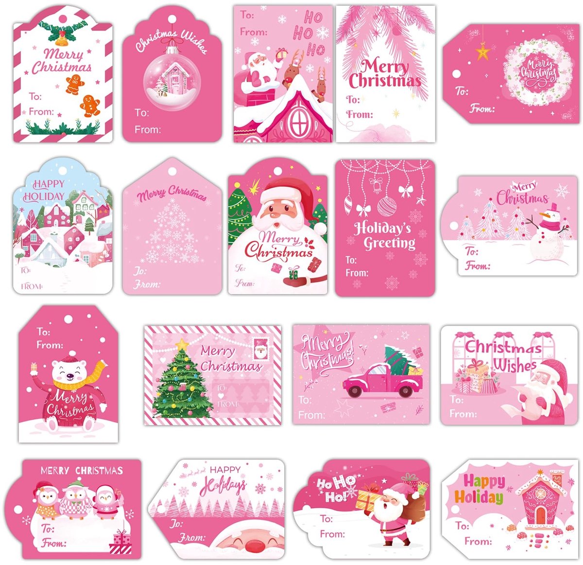 Dailygoods- Cadeaulabels 108 stuks - Roze Kerststijl - Zelfklevende Etiketten - Unieke Ontwerpen - 5 x 7 cm - Perfect voor Geschenken - Cadeau Etiketten