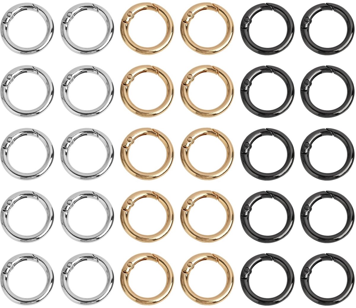 Dailygoods - 30 Stuks Ronde Karabijnhaken 20 mm - Corrosiebestendig en Duurzaam in Goud, Zilver en Zwart