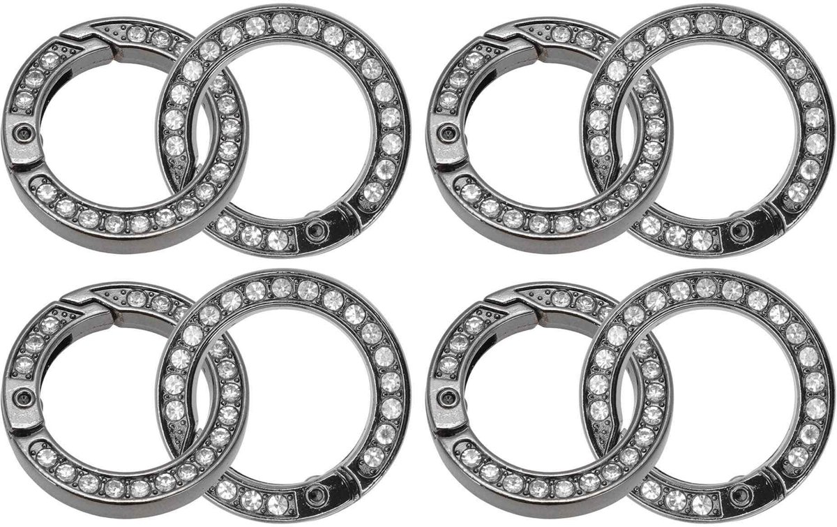 Dailygoods- Karabijnhaak Ronde Gesp - 8 Stuks - Sleutelhanger - Tassenclip - Hoogwaardig Metaal - Strass-Steentjes - Lichtgewicht en Duurzaam